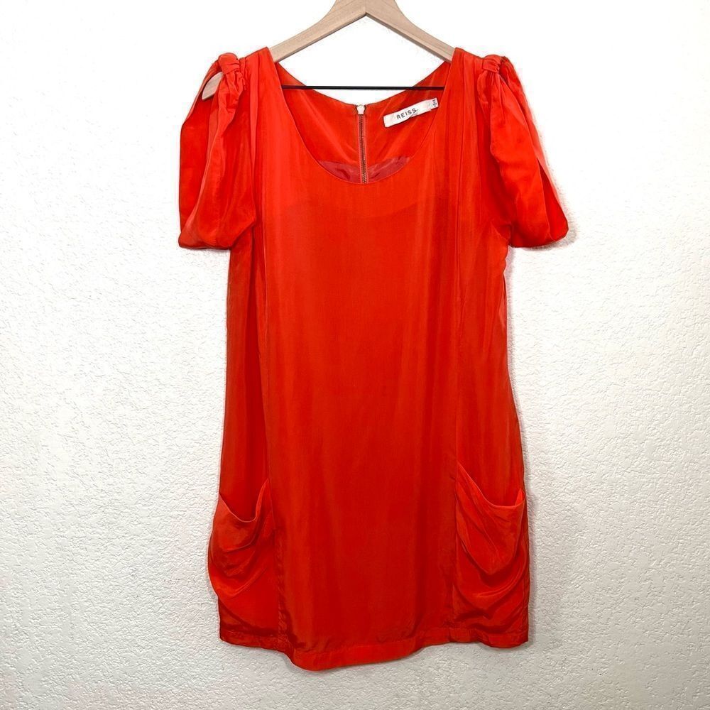 Reiss Bright Coral Orange Mini Dress Cupro Front Pockets Size 8